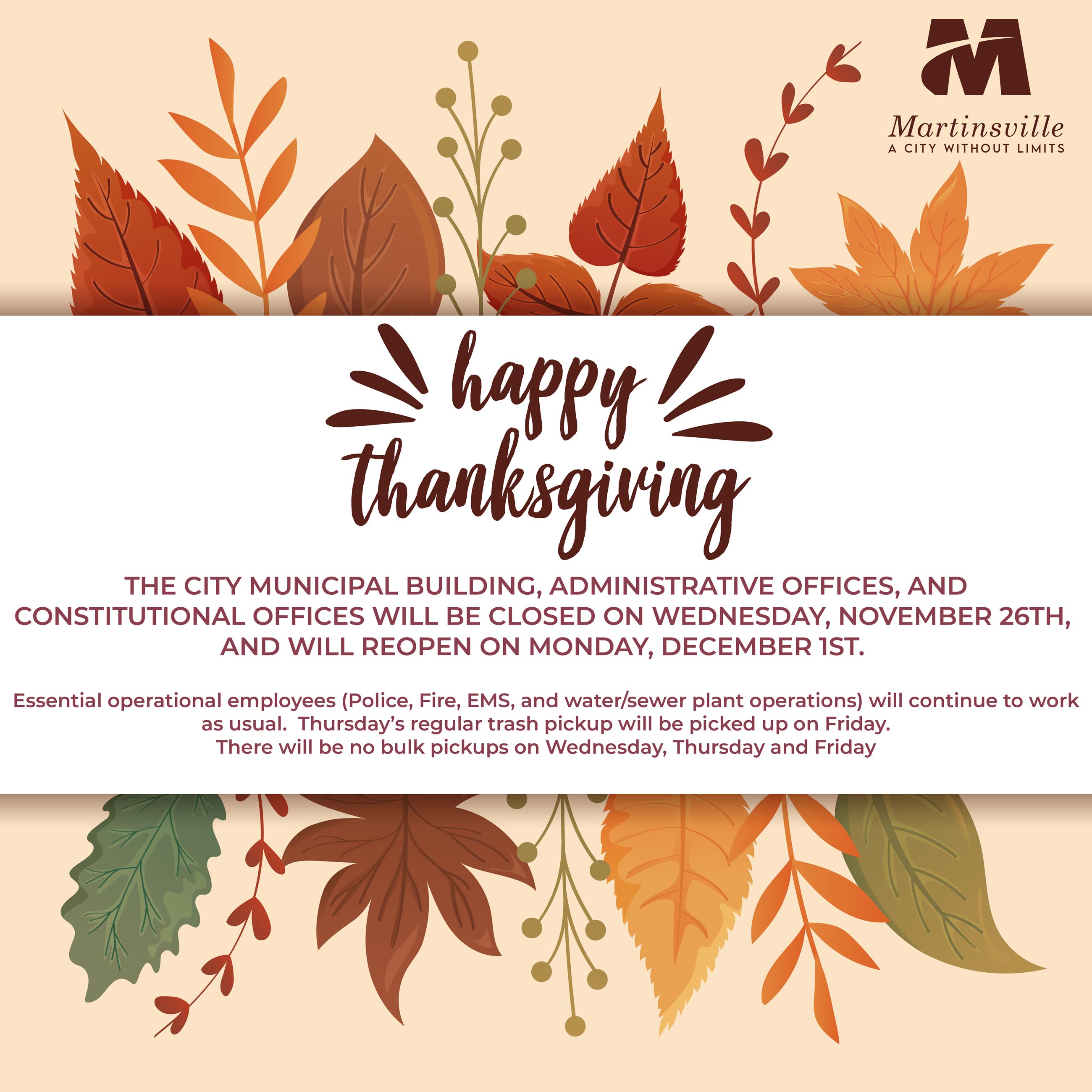 Thanksgiving flyer with fall leaves and the Martinsville logo announcing municipal, administrative, 